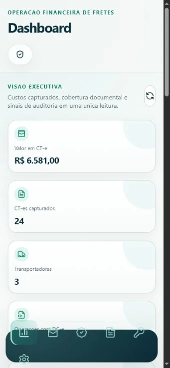 Dashboard Aferir+ em tela de celular com dados fictícios