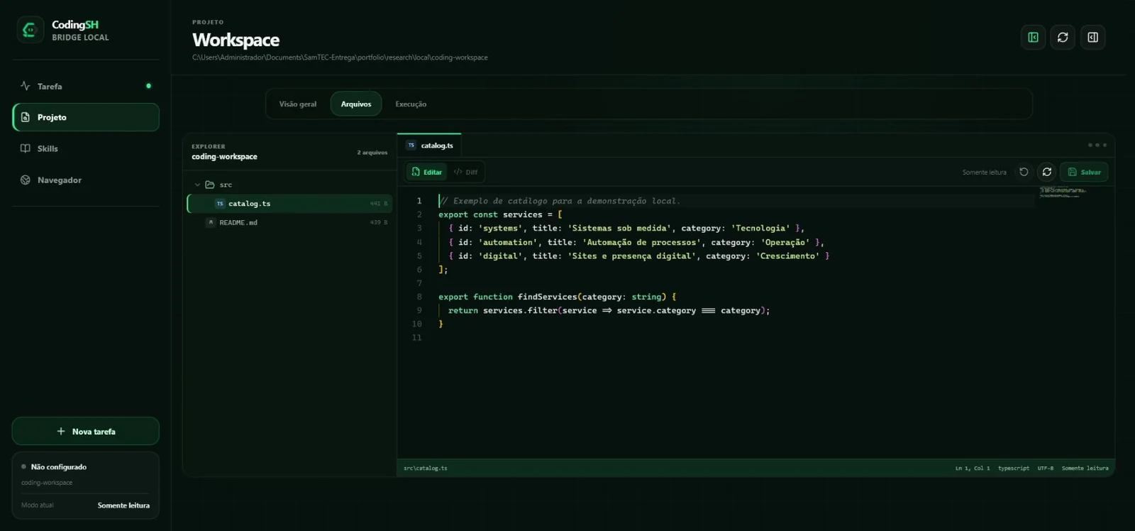Interface do CodingSH em demonstração local