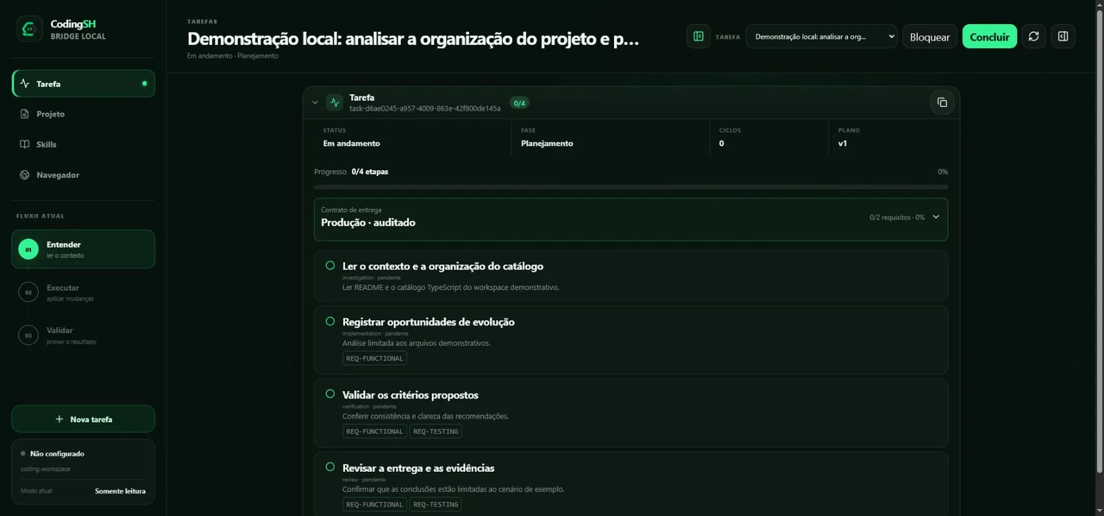 Plano persistente de uma tarefa demonstrativa no CodingSH
