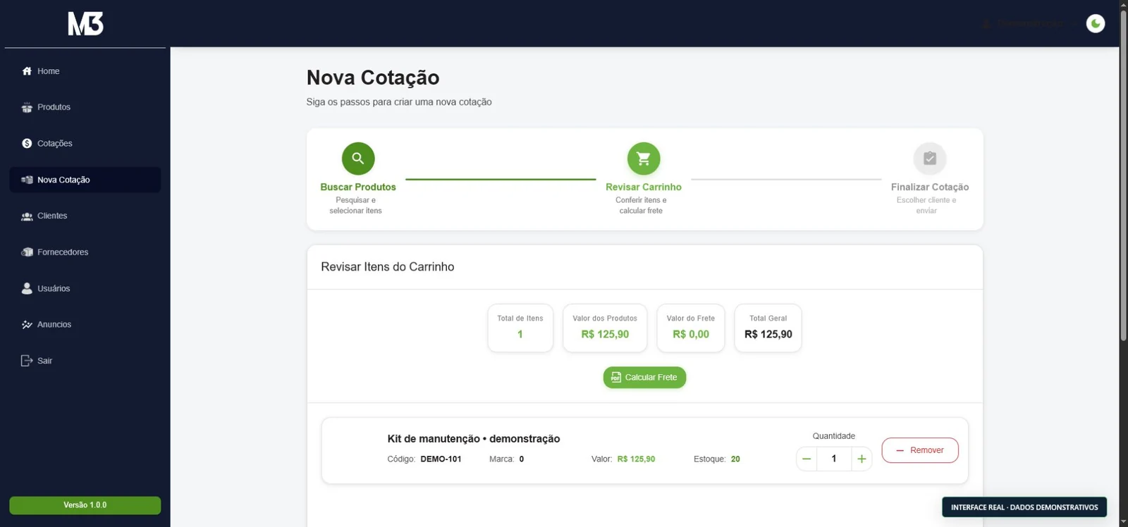 Hub Cotação Legítima com dados demonstrativos