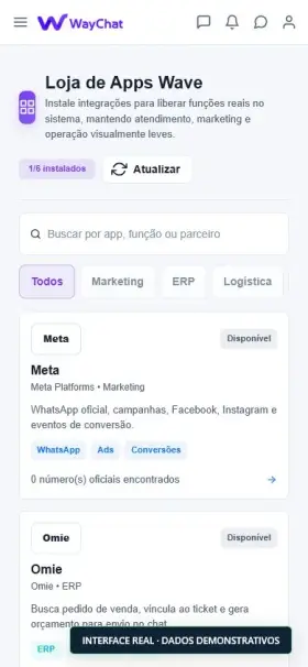 Interface móvel do WayChat com dados demonstrativos